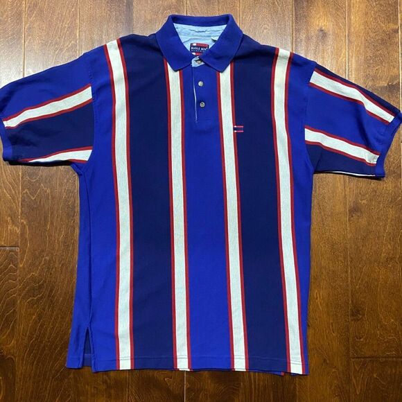 Bugle Boy Vintage 90s Blue White Red USA Striped Polo Shirt Men's Size Large - Picture 3 of 9